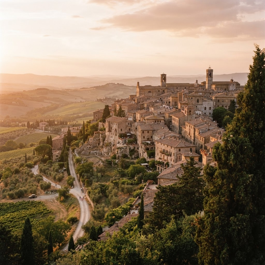 A classic Italian hillside town at golden hour